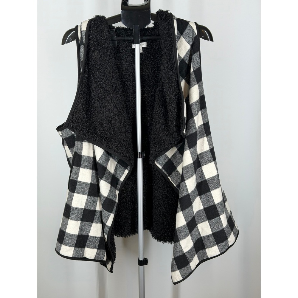 Chic Soul Buffalo Plaid Faux Shearling Draped Open Front Vest 2XL Black White